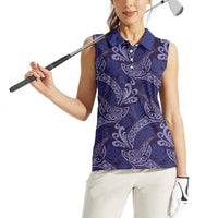 Deep Blue Monstera Women Sleeveless Polo Shirt Polynesian Tribal Pattern LT01 - Polynesian Pride