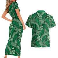 Forest Green Monstera Couples Matching Short Sleeve Bodycon Dress and Hawaiian Shirt Polynesian Tribal Pattern LT01 - Polynesian Pride
