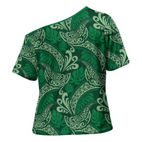 Forest Green Monstera Cross Shoulder Shirt Polynesian Tribal Pattern LT01 - Polynesian Pride