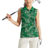Forest Green Monstera Women Sleeveless Polo Shirt Polynesian Tribal Pattern LT01 - Polynesian Pride