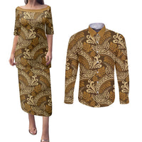 Brown Gold Monstera Couples Matching Puletasi and Long Sleeve Button Shirt Polynesian Tribal Pattern LT01 Gold - Polynesian Pride