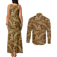 Brown Gold Monstera Couples Matching Tank Maxi Dress and Long Sleeve Button Shirt Polynesian Tribal Pattern - Polynesian Pride