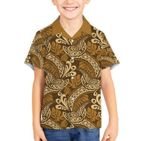 Brown Gold Monstera Family Matching Off The Shoulder Long Sleeve Dress and Hawaiian Shirt Polynesian Tribal Pattern - Polynesian Pride