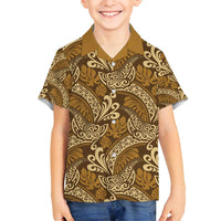 Brown Gold Monstera Family Matching Off Shoulder Short Dress and Hawaiian Shirt Polynesian Tribal Pattern LT01 Son's Shirt Gold - Polynesian Pride