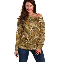 Brown Gold Monstera Off Shoulder Sweater Polynesian Tribal Pattern LT01 Women Gold - Polynesian Pride