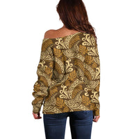 Brown Gold Monstera Off Shoulder Sweater Polynesian Tribal Pattern LT01 - Polynesian Pride
