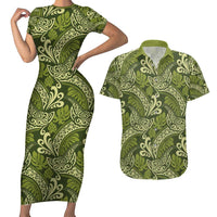 Olive Green Monstera Couples Matching Short Sleeve Bodycon Dress and Hawaiian Shirt Polynesian Tribal Pattern LT01 Green - Polynesian Pride