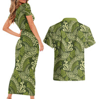 Olive Green Monstera Couples Matching Short Sleeve Bodycon Dress and Hawaiian Shirt Polynesian Tribal Pattern LT01 - Polynesian Pride