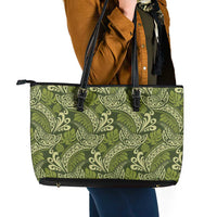 Olive Green Monstera Leather Tote Bag Polynesian Tribal Pattern LT01 - Polynesian Pride