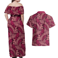 Sweet Pink Monstera Couples Matching Off Shoulder Maxi Dress and Hawaiian Shirt Polynesian Tribal Pattern LT01 - Polynesian Pride