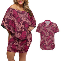 Sweet Pink Monstera Couples Matching Off Shoulder Short Dress and Hawaiian Shirt Polynesian Tribal Pattern LT01 Pink - Polynesian Pride
