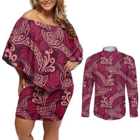 Sweet Pink Monstera Couples Matching Off Shoulder Short Dress and Long Sleeve Button Shirt Polynesian Tribal Pattern LT01 Pink - Polynesian Pride