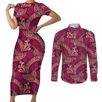 Sweet Pink Monstera Couples Matching Short Sleeve Bodycon Dress and Long Sleeve Button Shirt Polynesian Tribal Pattern LT01 Pink - Polynesian Pride
