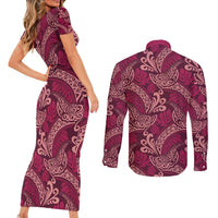 Sweet Pink Monstera Couples Matching Short Sleeve Bodycon Dress and Long Sleeve Button Shirt Polynesian Tribal Pattern LT01 - Polynesian Pride