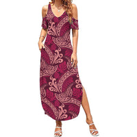 Sweet Pink Monstera Family Matching Summer Maxi Dress and Hawaiian Shirt Polynesian Tribal Pattern LT01 Mom's Dress Pink - Polynesian Pride