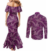 Royal Purple Monstera Couples Matching Mermaid Dress and Long Sleeve Button Shirt Polynesian Tribal Pattern LT01 - Polynesian Pride