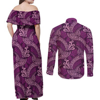 Royal Purple Monstera Couples Matching Off Shoulder Maxi Dress and Long Sleeve Button Shirt Polynesian Tribal Pattern LT01 - Polynesian Pride