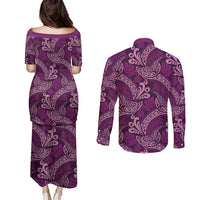 Royal Purple Monstera Couples Matching Puletasi and Long Sleeve Button Shirt Polynesian Tribal Pattern LT01 - Polynesian Pride