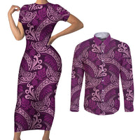 Royal Purple Monstera Couples Matching Short Sleeve Bodycon Dress and Long Sleeve Button Shirt Polynesian Tribal Pattern LT01 Purple - Polynesian Pride