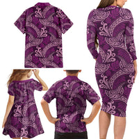 Royal Purple Monstera Family Matching Long Sleeve Bodycon Dress and Hawaiian Shirt Polynesian Tribal Pattern LT01 - Polynesian Pride
