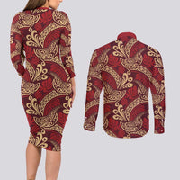 Luxury Red Monstera Couples Matching Long Sleeve Bodycon Dress and Long Sleeve Button Shirt Polynesian Tribal Pattern LT01 - Polynesian Pride