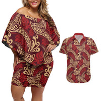 Luxury Red Monstera Couples Matching Off Shoulder Short Dress and Hawaiian Shirt Polynesian Tribal Pattern LT01 Red - Polynesian Pride