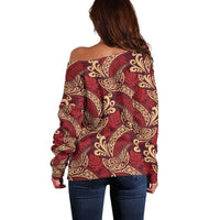 Luxury Red Monstera Off Shoulder Sweater Polynesian Tribal Pattern LT01 - Polynesian Pride