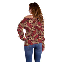 Luxury Red Monstera Off Shoulder Sweater Polynesian Tribal Pattern LT01 - Polynesian Pride