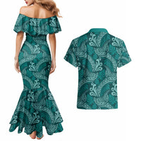 Teal Monstera Couples Matching Mermaid Dress and Hawaiian Shirt Polynesian Tribal Pattern LT01 - Polynesian Pride