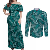 Teal Monstera Couples Matching Off Shoulder Maxi Dress and Long Sleeve Button Shirt Polynesian Tribal Pattern LT01 Teal - Polynesian Pride