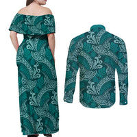Teal Monstera Couples Matching Off Shoulder Maxi Dress and Long Sleeve Button Shirt Polynesian Tribal Pattern LT01 - Polynesian Pride
