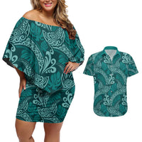 Teal Monstera Couples Matching Off Shoulder Short Dress and Hawaiian Shirt Polynesian Tribal Pattern LT01 Teal - Polynesian Pride