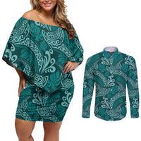 Teal Monstera Couples Matching Off Shoulder Short Dress and Long Sleeve Button Shirt Polynesian Tribal Pattern LT01 Teal - Polynesian Pride