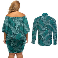 Teal Monstera Couples Matching Off Shoulder Short Dress and Long Sleeve Button Shirt Polynesian Tribal Pattern LT01 - Polynesian Pride