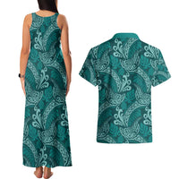 Teal Monstera Couples Matching Tank Maxi Dress and Hawaiian Shirt Polynesian Tribal Pattern LT01 - Polynesian Pride