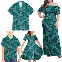 Teal Monstera Family Matching Off Shoulder Maxi Dress and Hawaiian Shirt Polynesian Tribal Pattern LT01 - Polynesian Pride