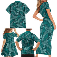 Teal Monstera Family Matching Short Sleeve Bodycon Dress and Hawaiian Shirt Polynesian Tribal Pattern LT01 - Polynesian Pride