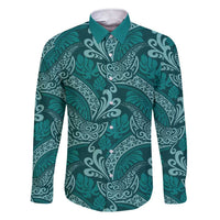 Teal Monstera Family Matching Short Sleeve Bodycon Dress and Hawaiian Shirt Polynesian Tribal Pattern LT01 Dad's Shirt - Long Sleeve Teal - Polynesian Pride