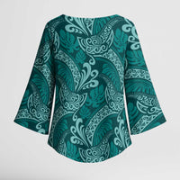 Teal Monstera Kimono Sleeve Blouse Polynesian Tribal Pattern LT01 - Polynesian Pride