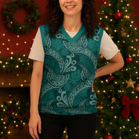 Teal Monstera Christmas Knitted V-Neck Vest Polynesian Tribal Pattern LT01 - Polynesian Pride