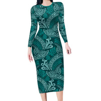Teal Monstera Long Sleeve Bodycon Dress Polynesian Tribal Pattern LT01 Long Dress Teal - Polynesian Pride