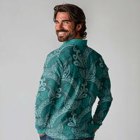 Teal Monstera Long Sleeve Polo Shirt Polynesian Tribal Pattern LT01 - Polynesian Pride