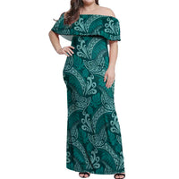 Teal Monstera Off Shoulder Maxi Dress Polynesian Tribal Pattern LT01 Women Teal - Polynesian Pride