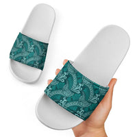 Teal Monstera Slide Sandals Polynesian Tribal Pattern LT01 - Polynesian Pride