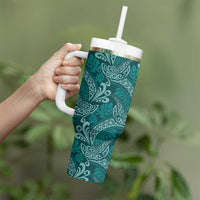 Teal Monstera Tumbler With Handle Polynesian Tribal Pattern LT01 - Polynesian Pride