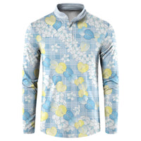 Anthurium Plumeria Lei Pastel Button Sweatshirt Blue Hawaiian Splendid Palaka