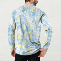Anthurium Plumeria Lei Pastel Button Sweatshirt Blue Hawaiian Splendid Palaka