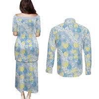 Anthurium Plumeria Lei Pastel Couples Matching Puletasi and Long Sleeve Button Shirt Blue Hawaiian Splendid Palaka