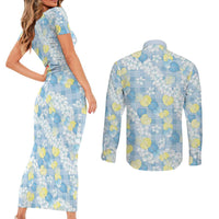 Anthurium Plumeria Lei Pastel Couples Matching Short Sleeve Bodycon Dress and Long Sleeve Button Shirt Blue Hawaiian Splendid Palaka