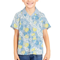 Anthurium Plumeria Lei Pastel Family Matching Off The Shoulder Long Sleeve Dress and Hawaiian Shirt Blue Hawaiian Splendid Palaka